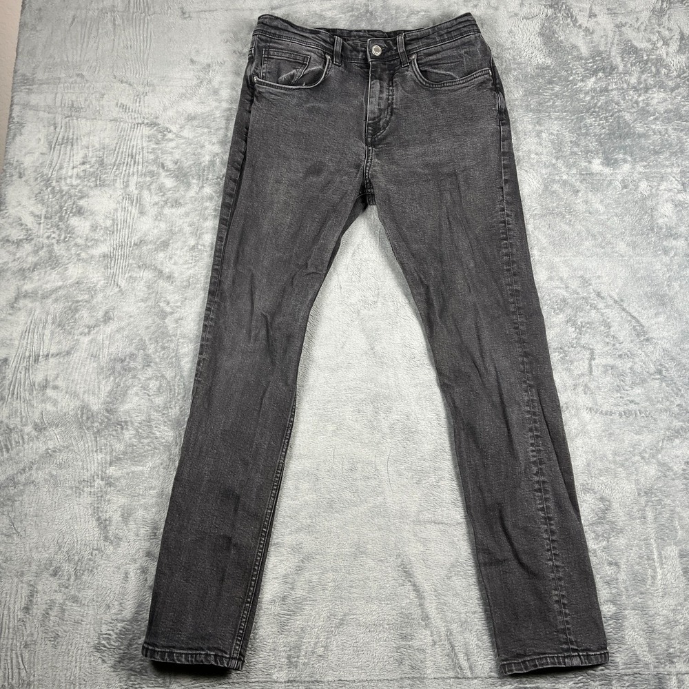 Zara Jeans Mens 31 Faded Black Denim Cotton Skinny Leg Logo Mid Rise Dark Wash